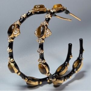 18k Gold Plated Onyx Enamel Cross Tigers Eye Jeweled Crystal Hoop Earrings